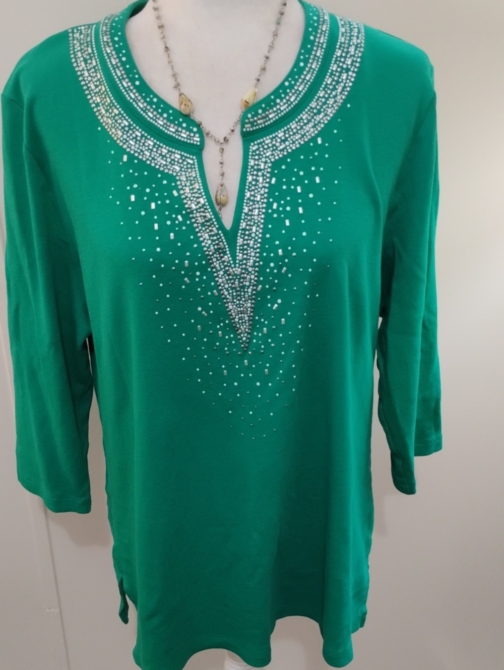 JM Collection Emerald V-Neck Tunic with Crystal Embellishment